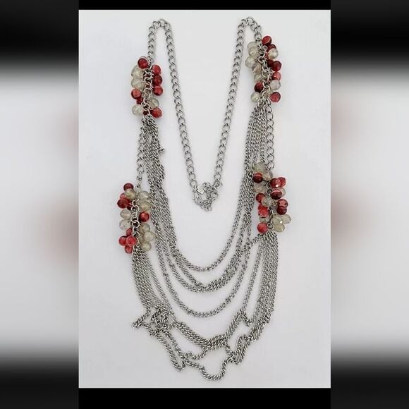 BANANA REPUBLIC SILVER TONE MULTI-STRAND RED RESIN BEADS 30"-33" NECKLACE - Picture 1 of 4